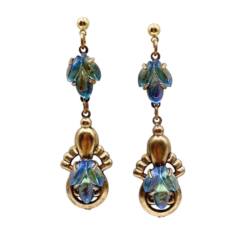 Vintage Dangling Brass Filigree Earrings Blue Green Mermaid Glass Stones